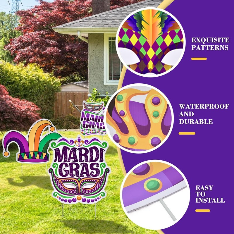 PhyLence 10 Pieces Mardi Gras Decorations Outdoor Yard Garden Porch Sign - Large Festive Mask, Jester, Crown, Drum, and Hat Masquerade Design Signs with Stakes for Outside Carnival Patio Pathway Lawn Decor - Image 3